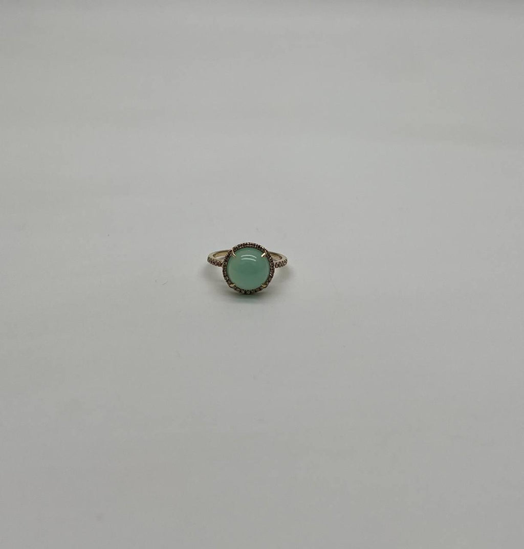 Round Shape Cabochon Green Aquamarine 14K Yellow Gold Diamond Halo Cocktail Ring