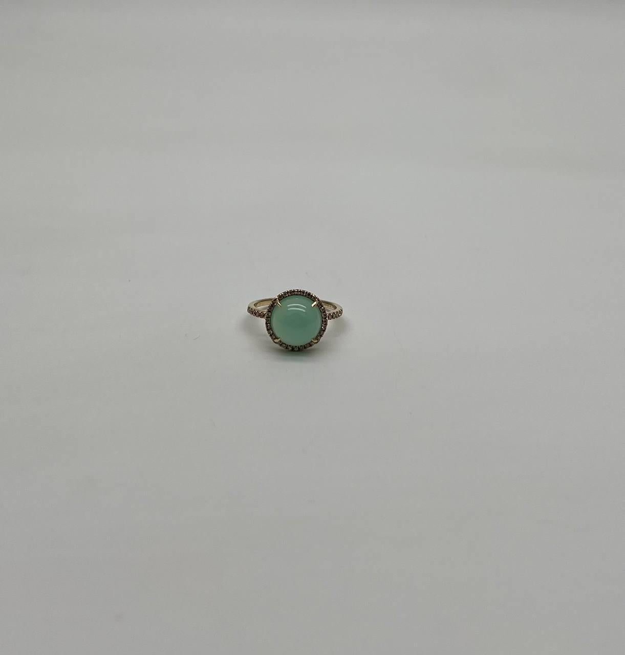 Round Shape Cabochon Green Aquamarine 14K Yellow Gold Diamond Halo Cocktail Ring