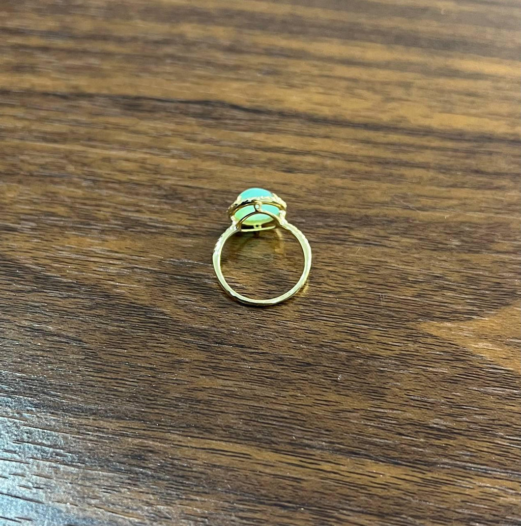 Round Shape Cabochon Green Aquamarine 14K Yellow Gold Diamond Halo Cocktail Ring
