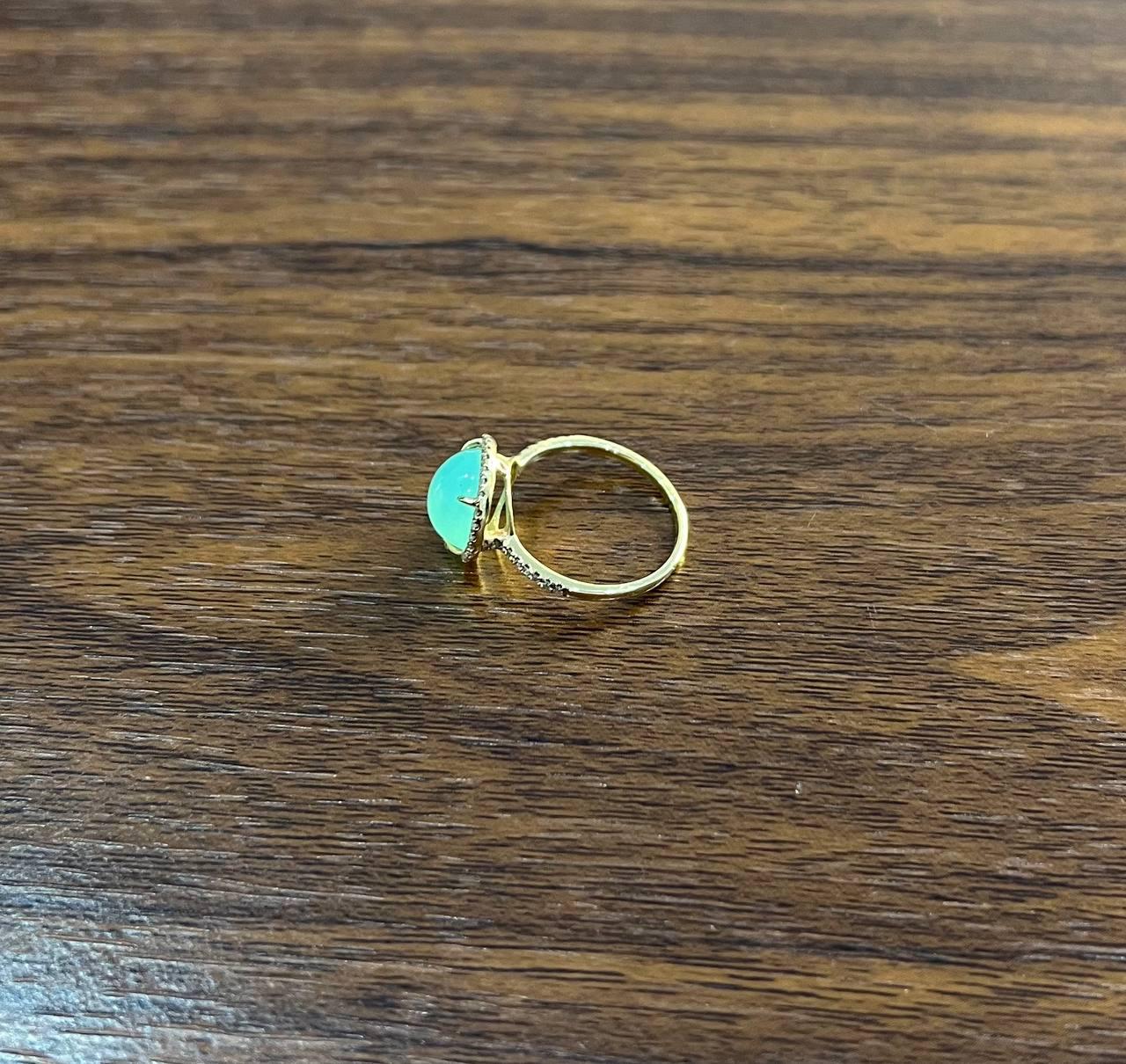 Round Shape Cabochon Green Aquamarine 14K Yellow Gold Diamond Halo Cocktail Ring