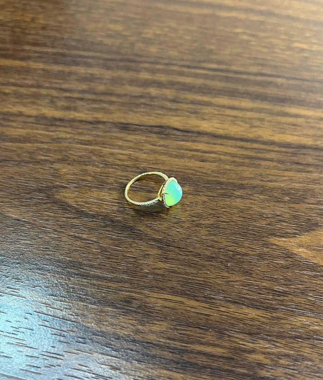 Round Shape Cabochon Green Aquamarine 14K Yellow Gold Diamond Halo Cocktail Ring