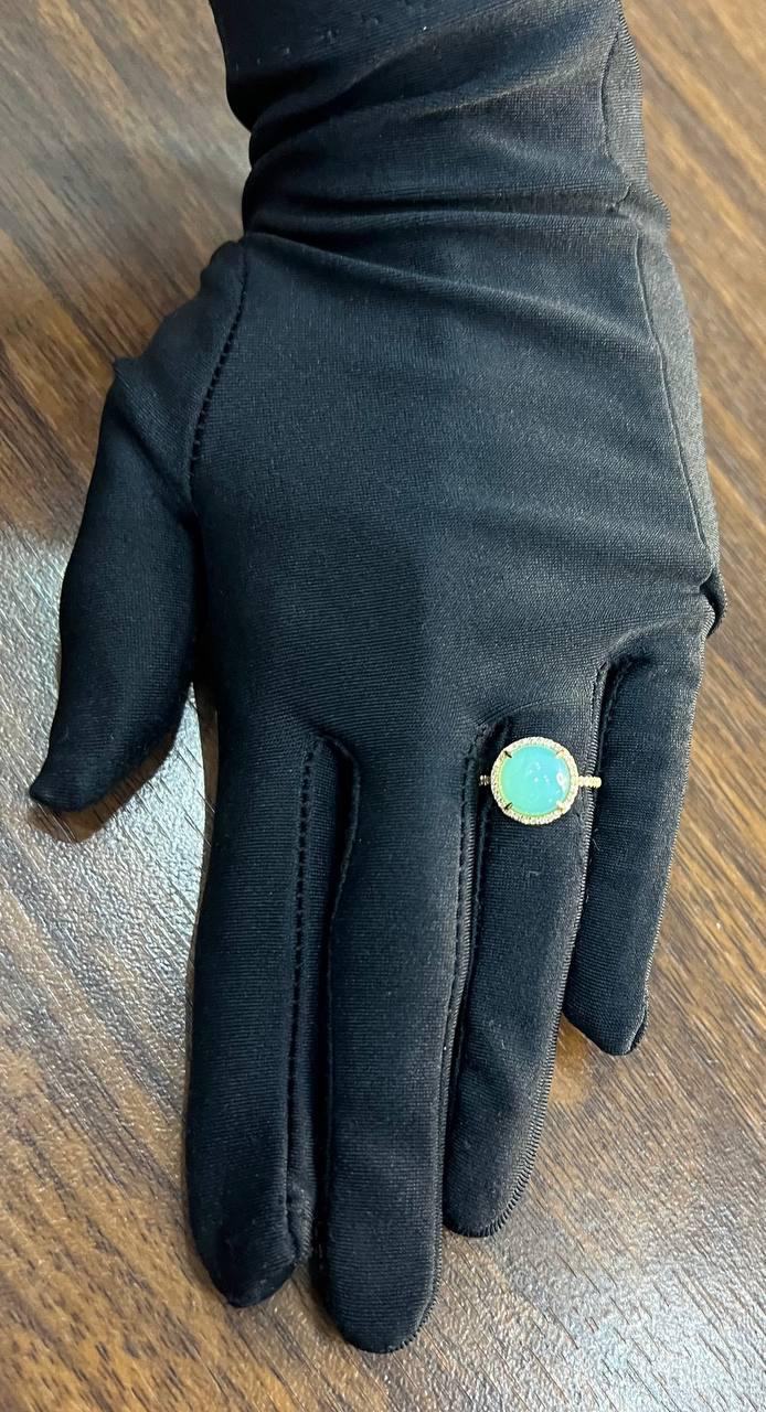 Round Shape Cabochon Green Aquamarine 14K Yellow Gold Diamond Halo Cocktail Ring
