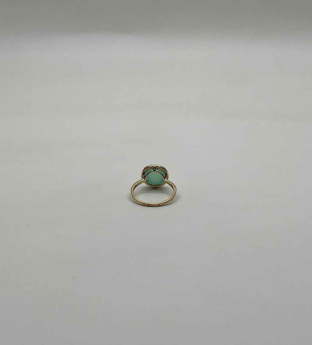 Round Shape Cabochon Green Aquamarine 14K Yellow Gold Diamond Halo Cocktail Ring