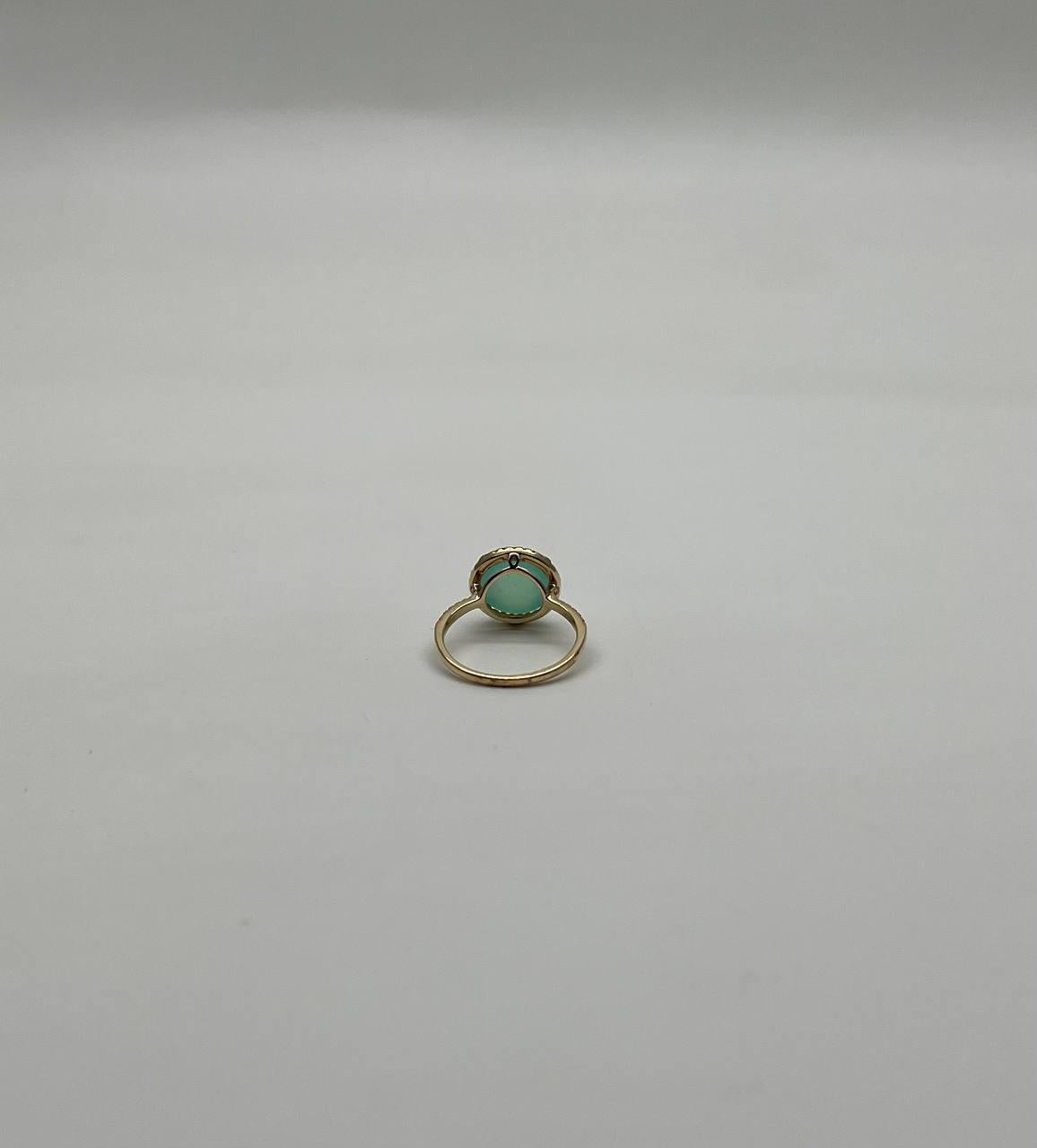 Round Shape Cabochon Green Aquamarine 14K Yellow Gold Diamond Halo Cocktail Ring