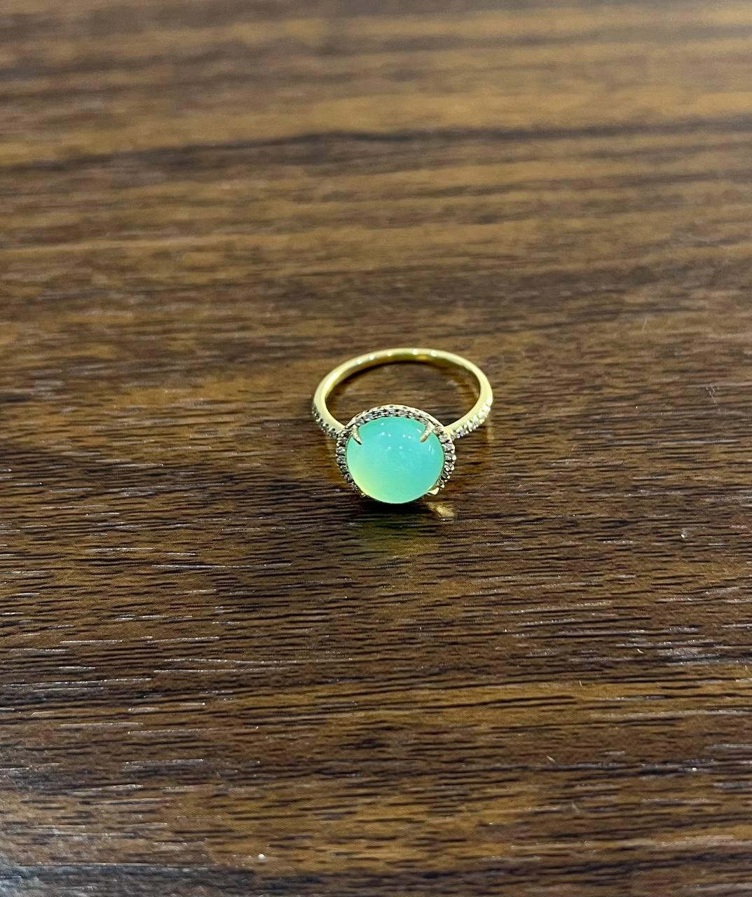 Round Shape Cabochon Green Aquamarine 14K Yellow Gold Diamond Halo Cocktail Ring