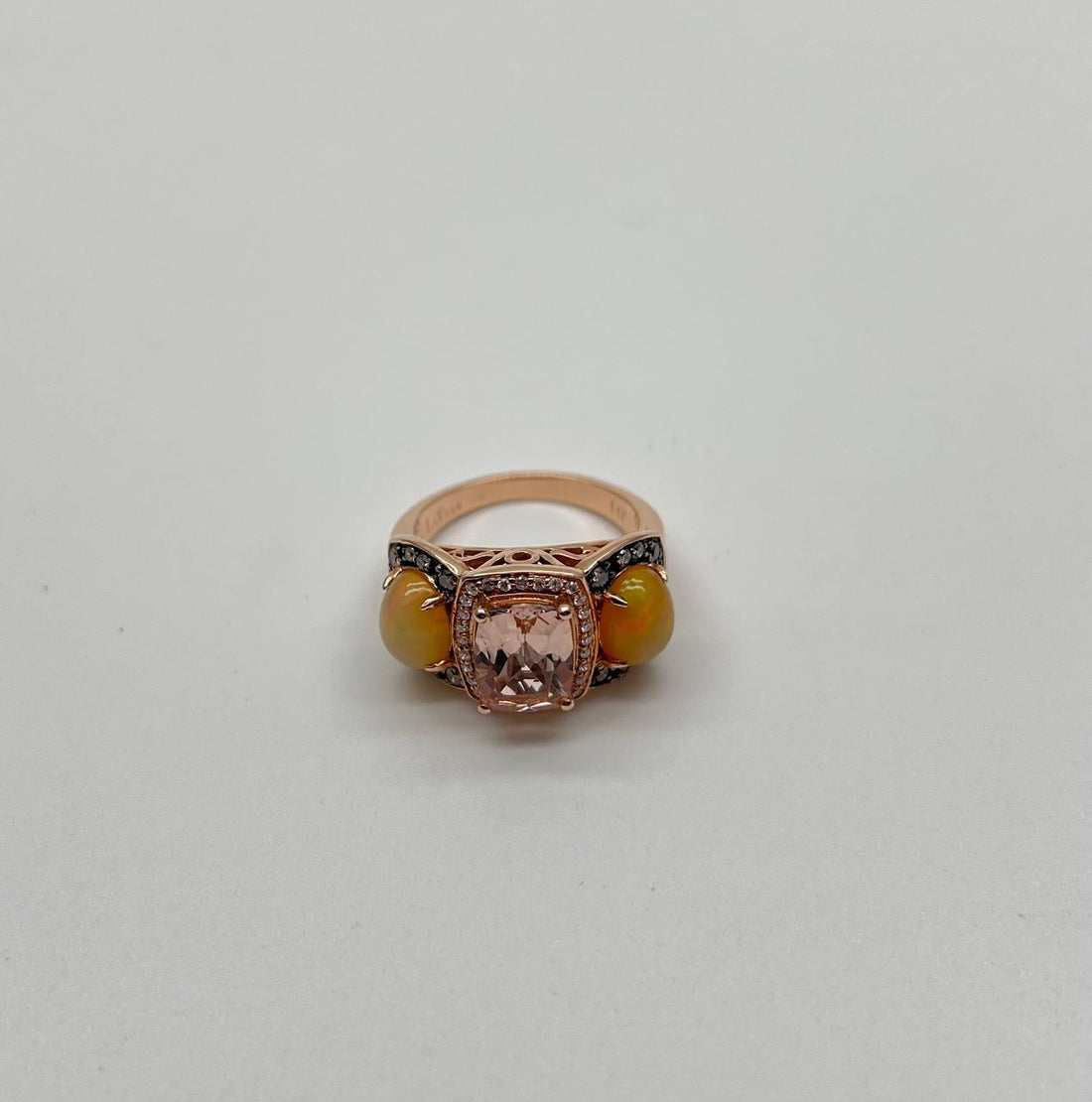 Peach Morganites Yellow White Opal White Diamond Halo Rose Gold Three Stone Ring