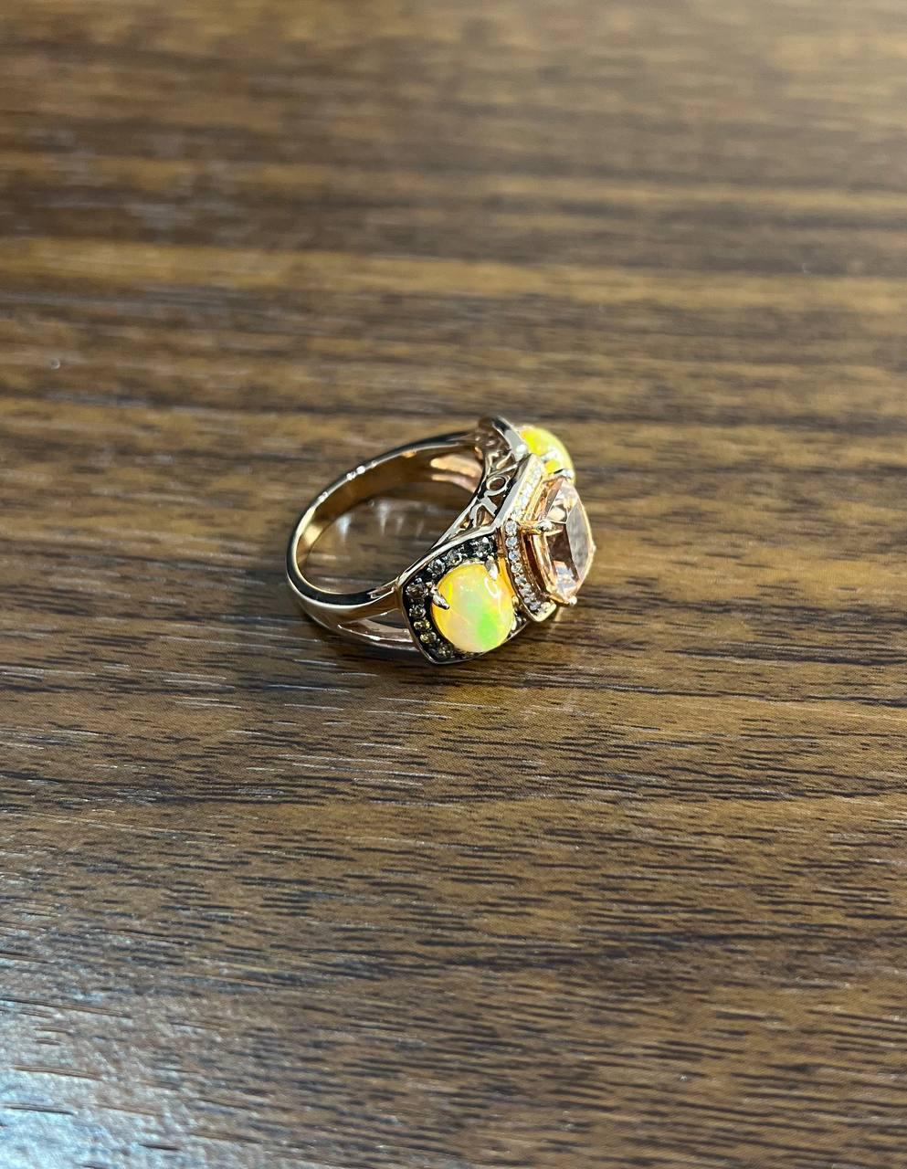 Peach Morganites Yellow White Opal White Diamond Halo Rose Gold Three Stone Ring