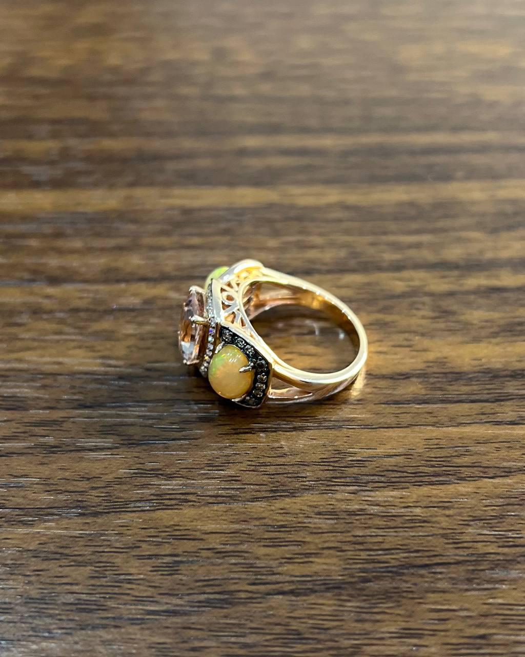 Peach Morganites Yellow White Opal White Diamond Halo Rose Gold Three Stone Ring