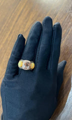 Peach Morganites Yellow White Opal White Diamond Halo Rose Gold Three Stone Ring
