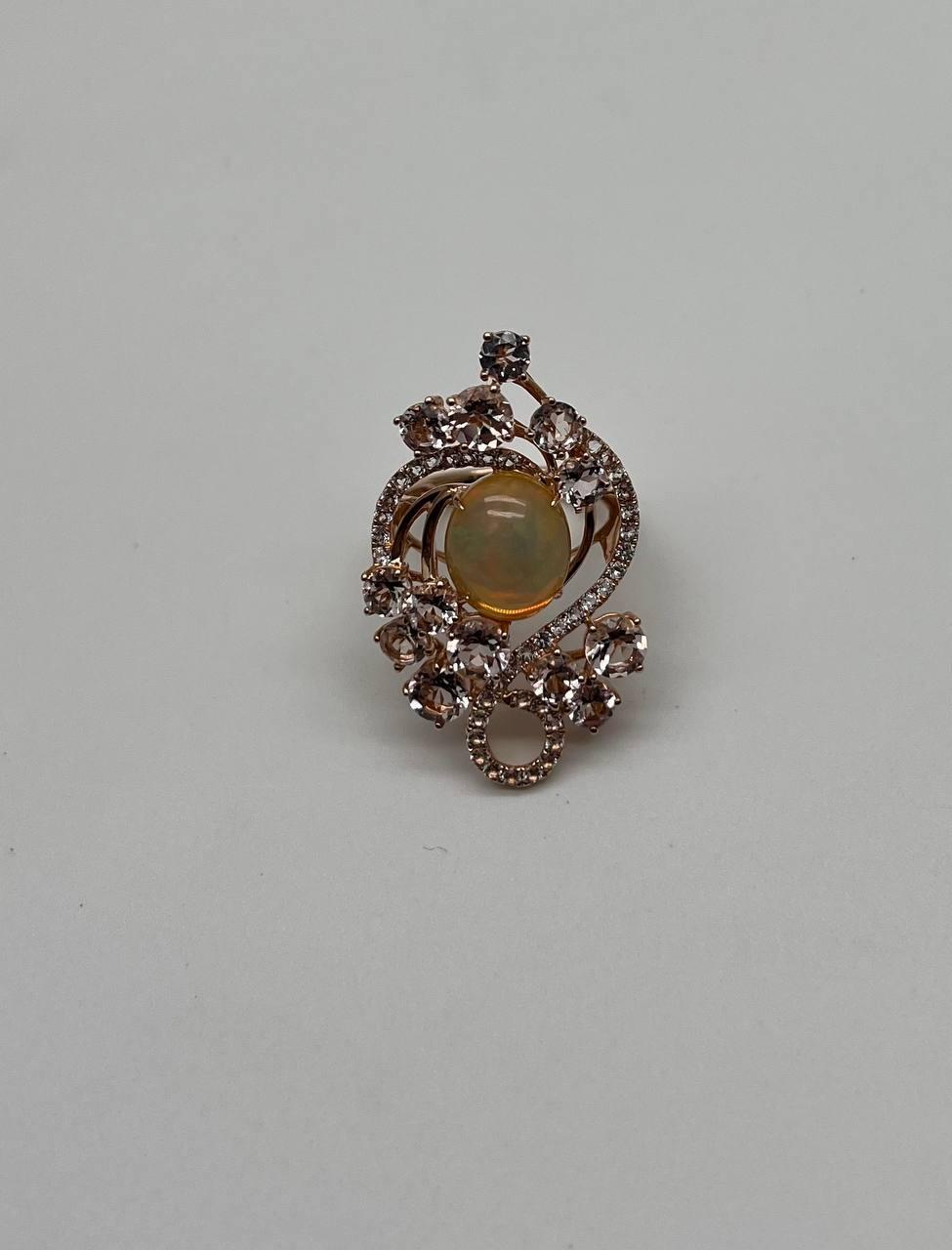 Yellow White Opal Peach Morganites White Diamonds 14K Rose Gold Statement Ring