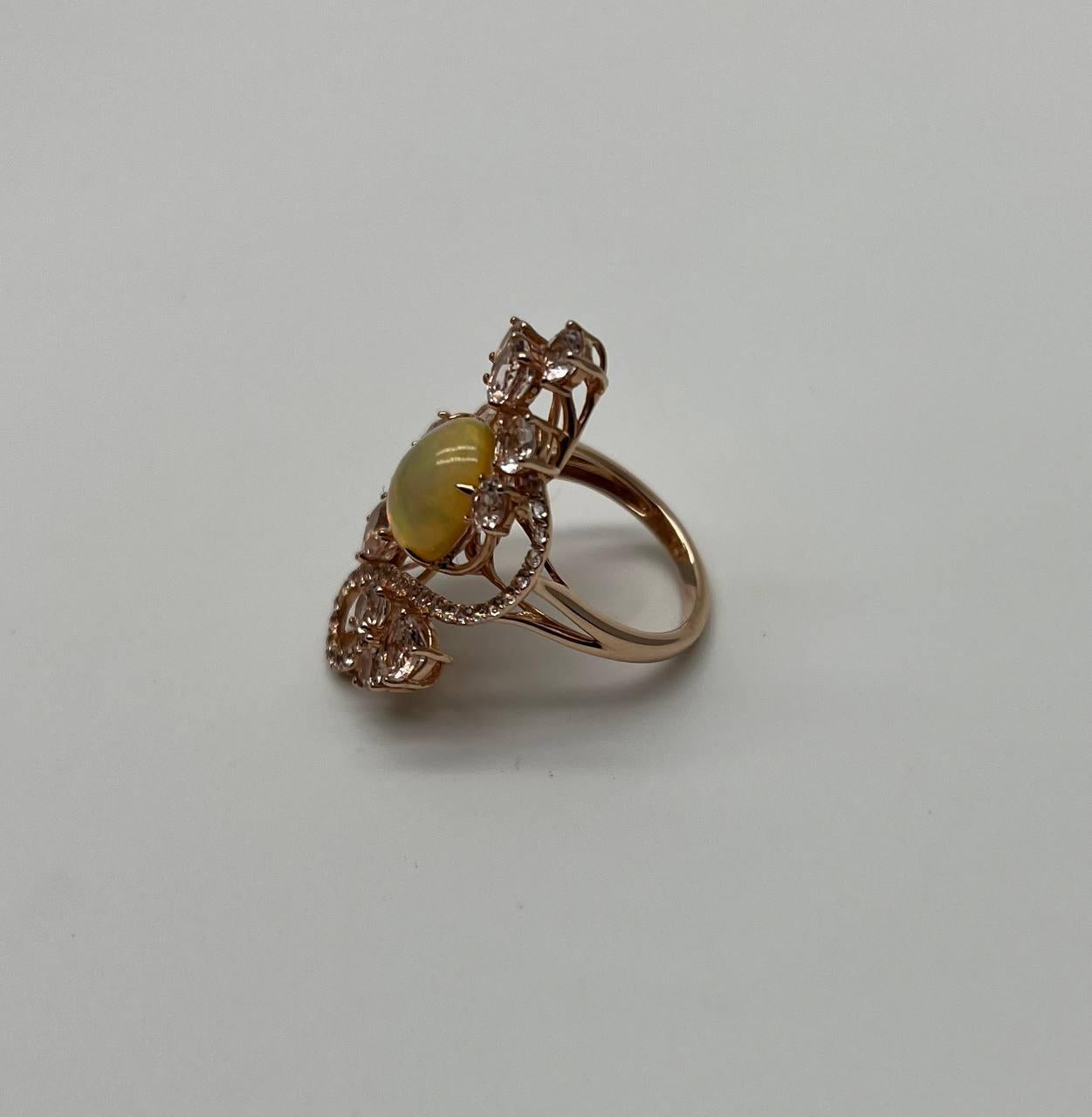 Yellow White Opal Peach Morganites White Diamonds 14K Rose Gold Statement Ring