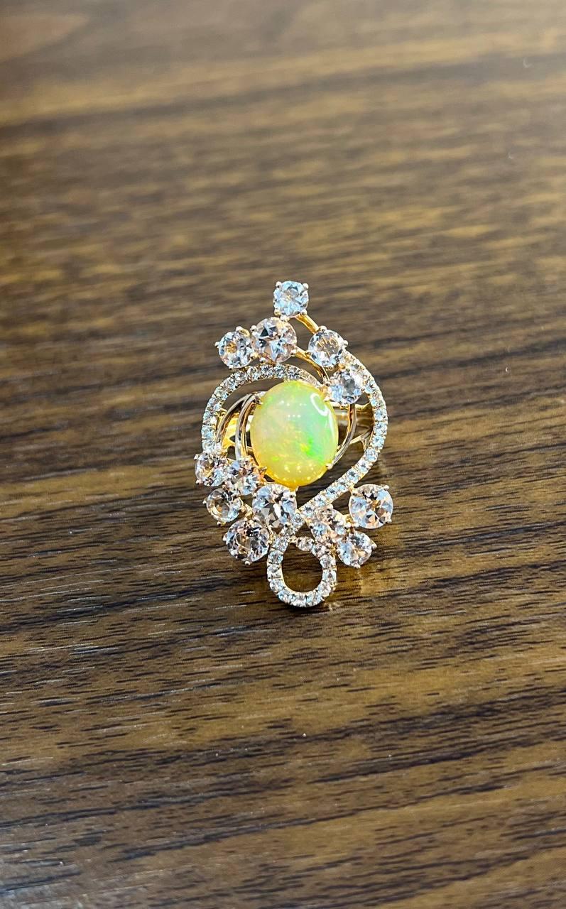 Yellow White Opal Peach Morganites White Diamonds 14K Rose Gold Statement Ring