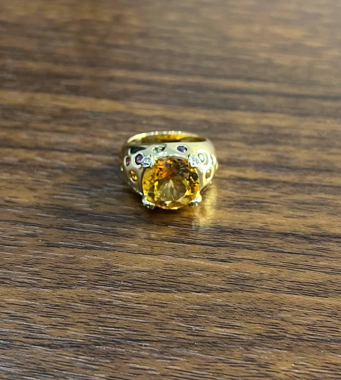 Large Round Cut Orange Citrine Multi Color Gemstones 14K Gold Statement Ring
