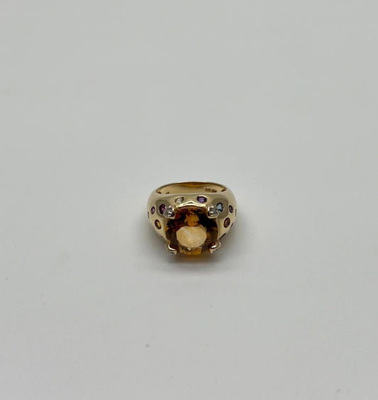 Large Round Cut Orange Citrine Multi Color Gemstones 14K Gold Statement Ring