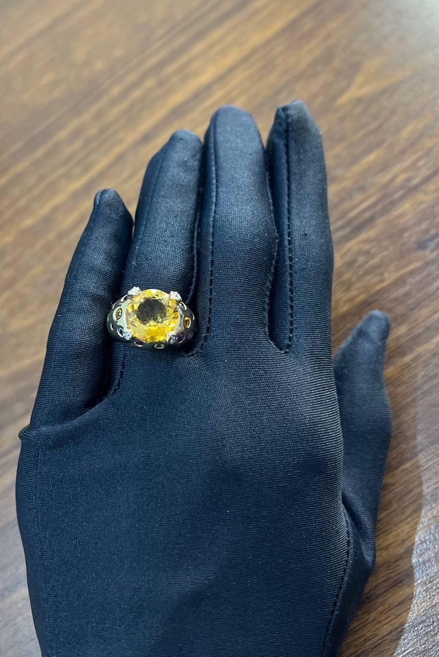 Large Round Cut Orange Citrine Multi Color Gemstones 14K Gold Statement Ring
