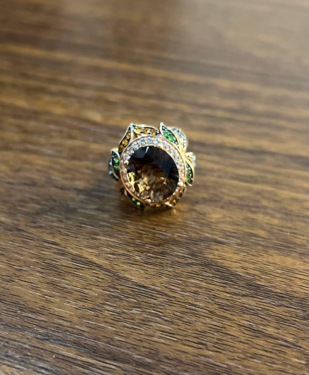 Oval Shape Brown Smoky Quartz White Diamond Halo Set Gemstone Floral Gold Ring