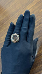 Oval Shape Brown Smoky Quartz White Diamond Halo Set Gemstone Floral Gold Ring