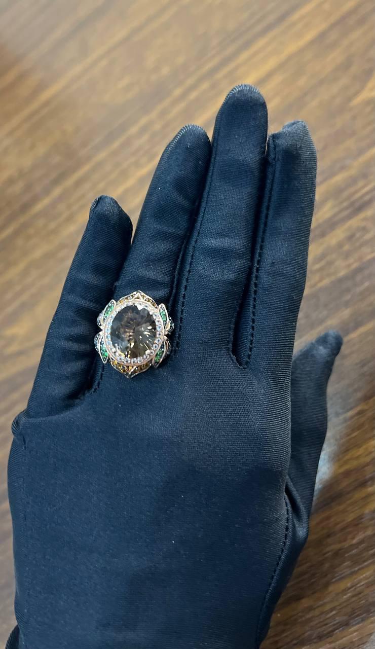 oval shape brown smoky quartz white diamond halo set gemstone floral gold ring