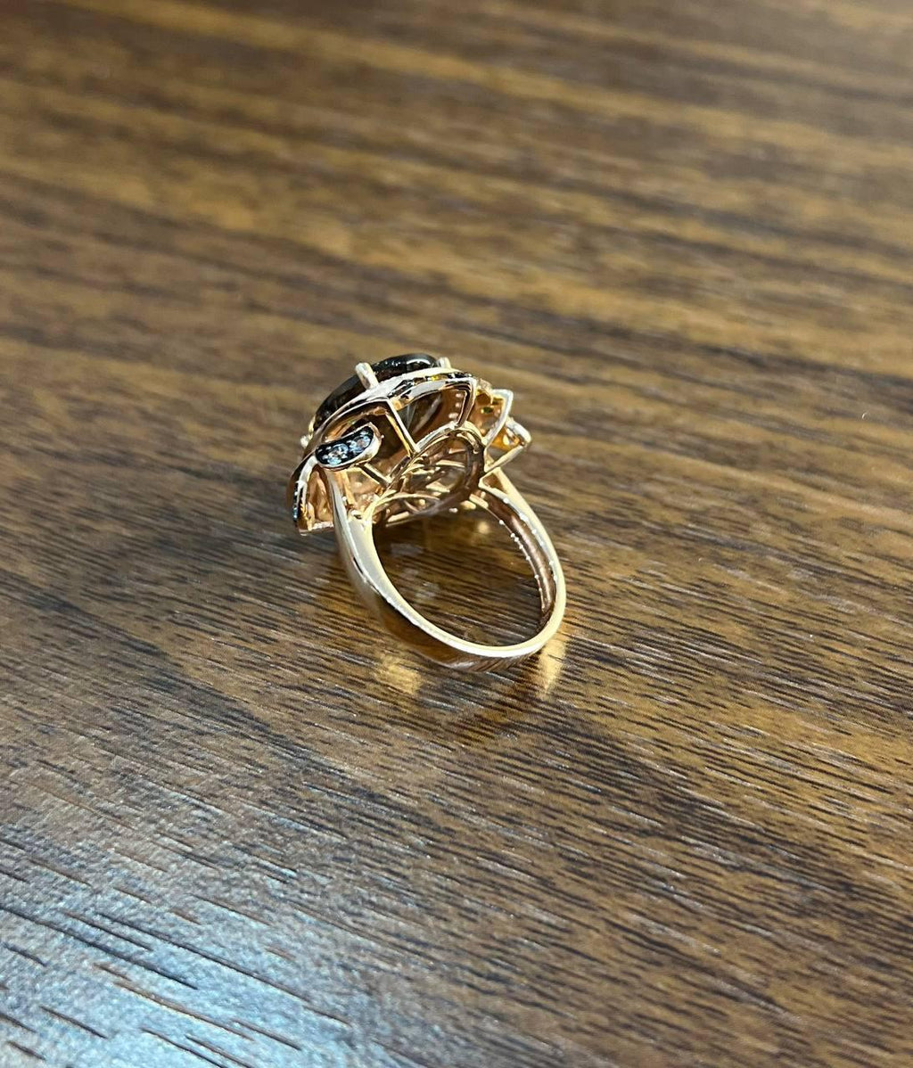 Oval Shape Brown Smoky Quartz White Diamond Halo Set Gemstone Floral Gold Ring