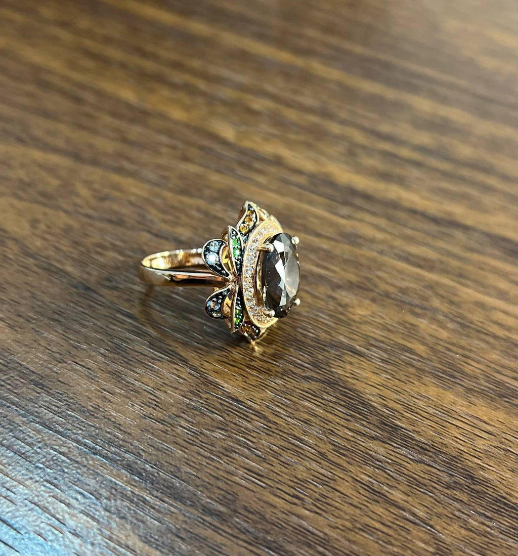 Oval Shape Brown Smoky Quartz White Diamond Halo Set Gemstone Floral Gold Ring