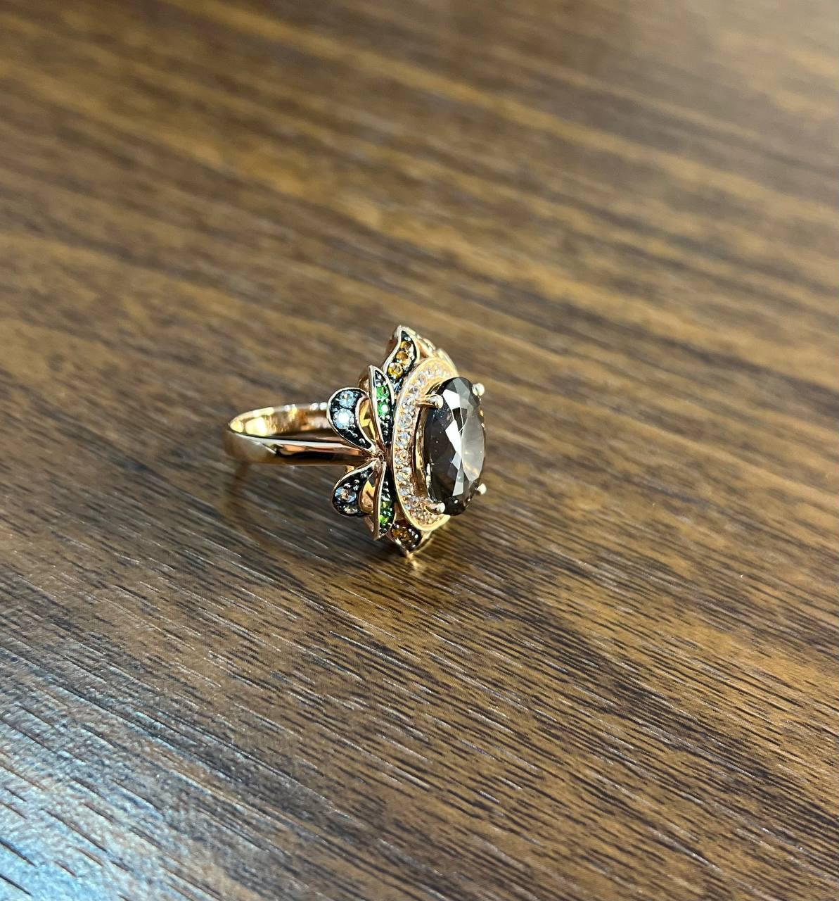 Oval Shape Brown Smoky Quartz White Diamond Halo Set Gemstone Floral Gold Ring