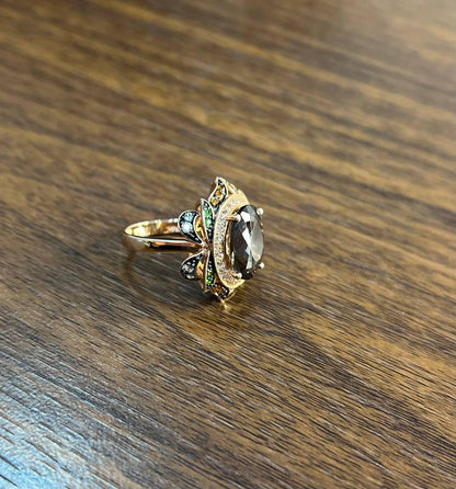 Oval Shape Brown Smoky Quartz White Diamond Halo Set Gemstone Floral Gold Ring