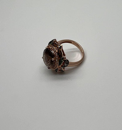 Oval Shape Brown Smoky Quartz White Diamond Halo Set Gemstone Floral Gold Ring