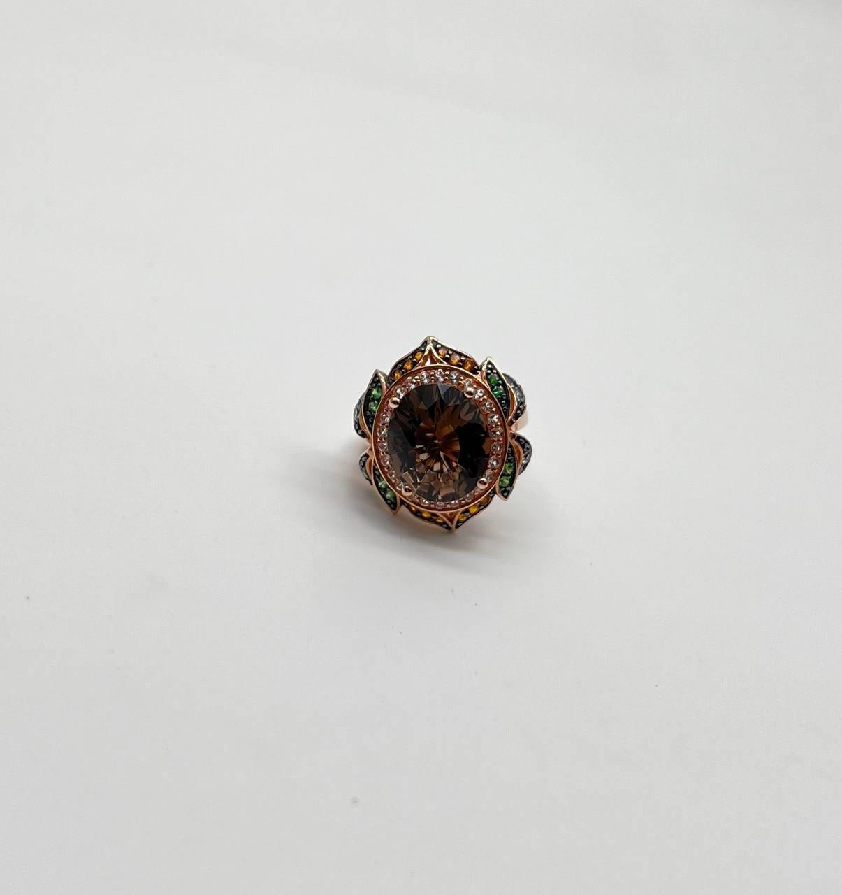 Oval Shape Brown Smoky Quartz White Diamond Halo Set Gemstone Floral Gold Ring