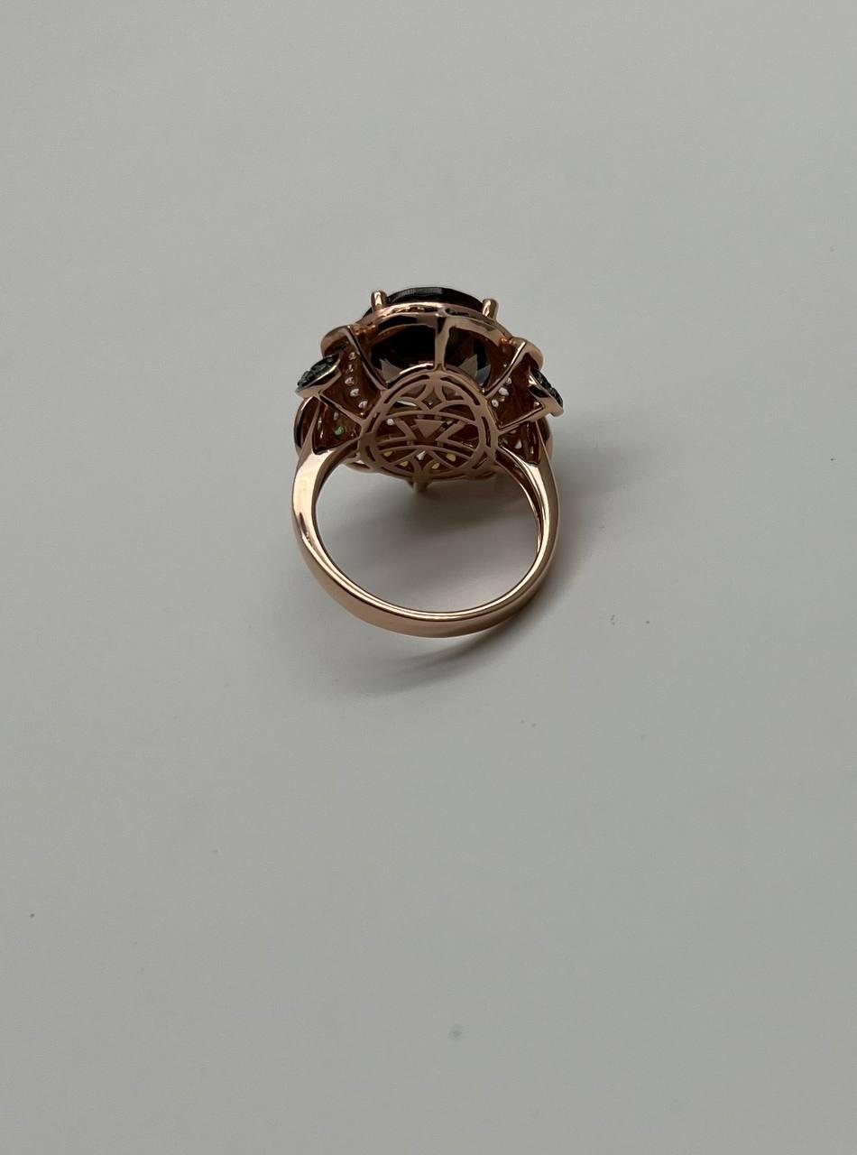 Oval Shape Brown Smoky Quartz White Diamond Halo Set Gemstone Floral Gold Ring
