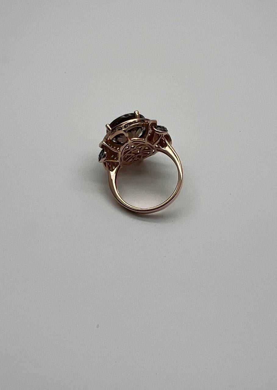 oval shape brown smoky quartz white diamond halo set gemstone floral gold ring