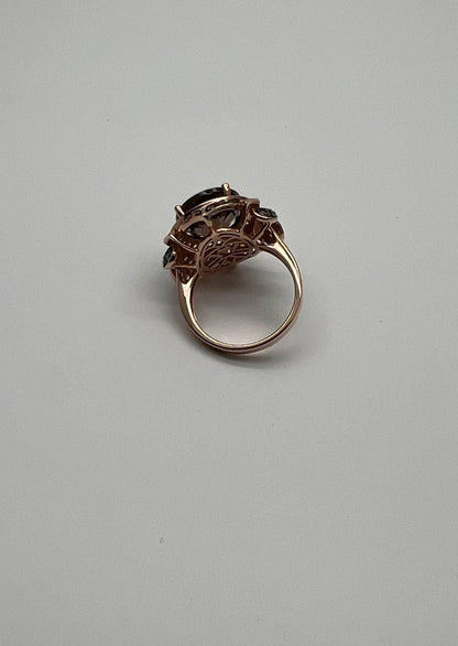 Oval Shape Brown Smoky Quartz White Diamond Halo Set Gemstone Floral Gold Ring
