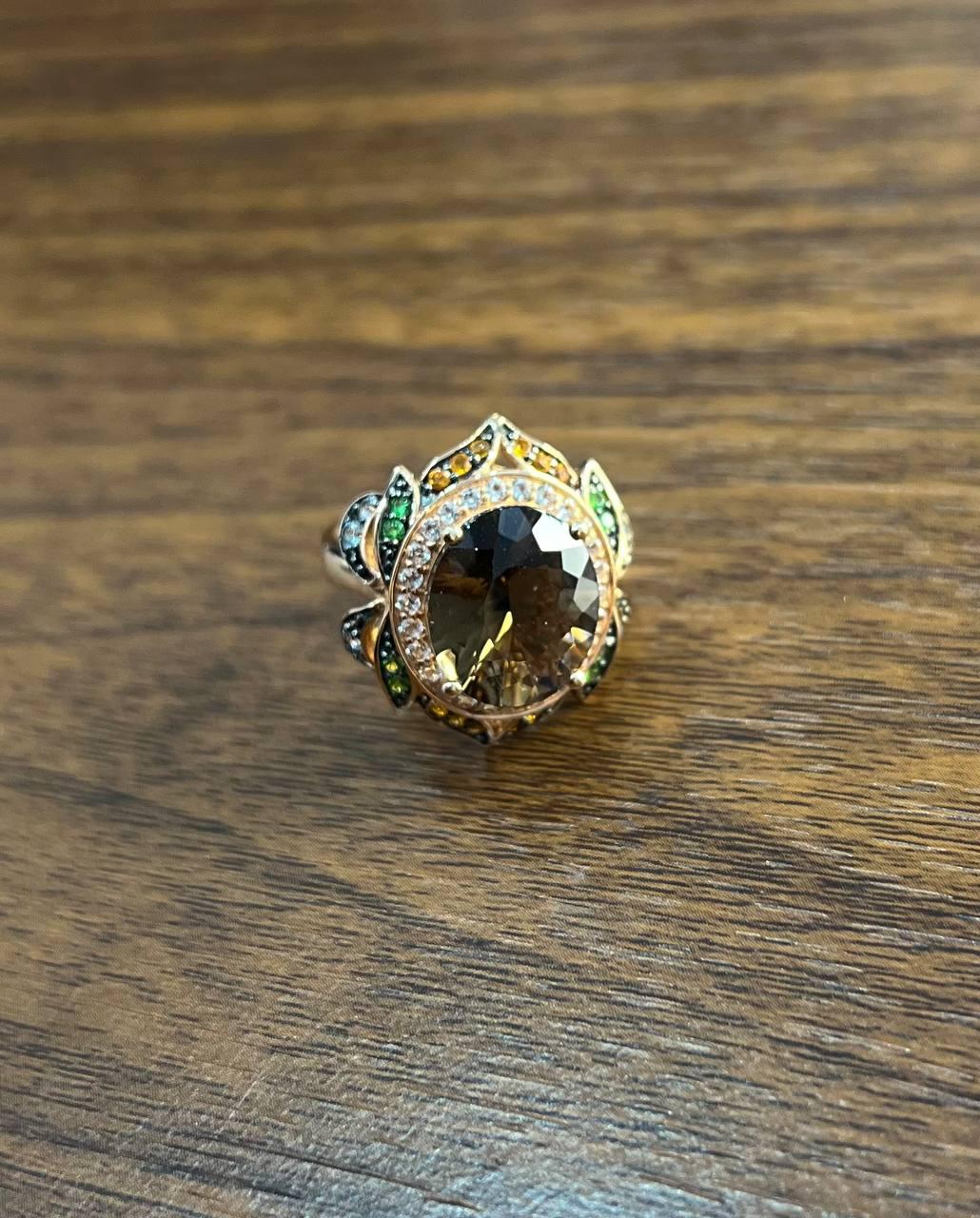 oval shape brown smoky quartz white diamond halo set gemstone floral gold ring