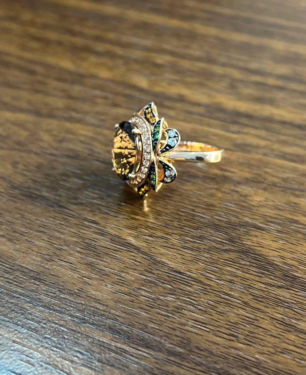 Oval Shape Brown Smoky Quartz White Diamond Halo Set Gemstone Floral Gold Ring