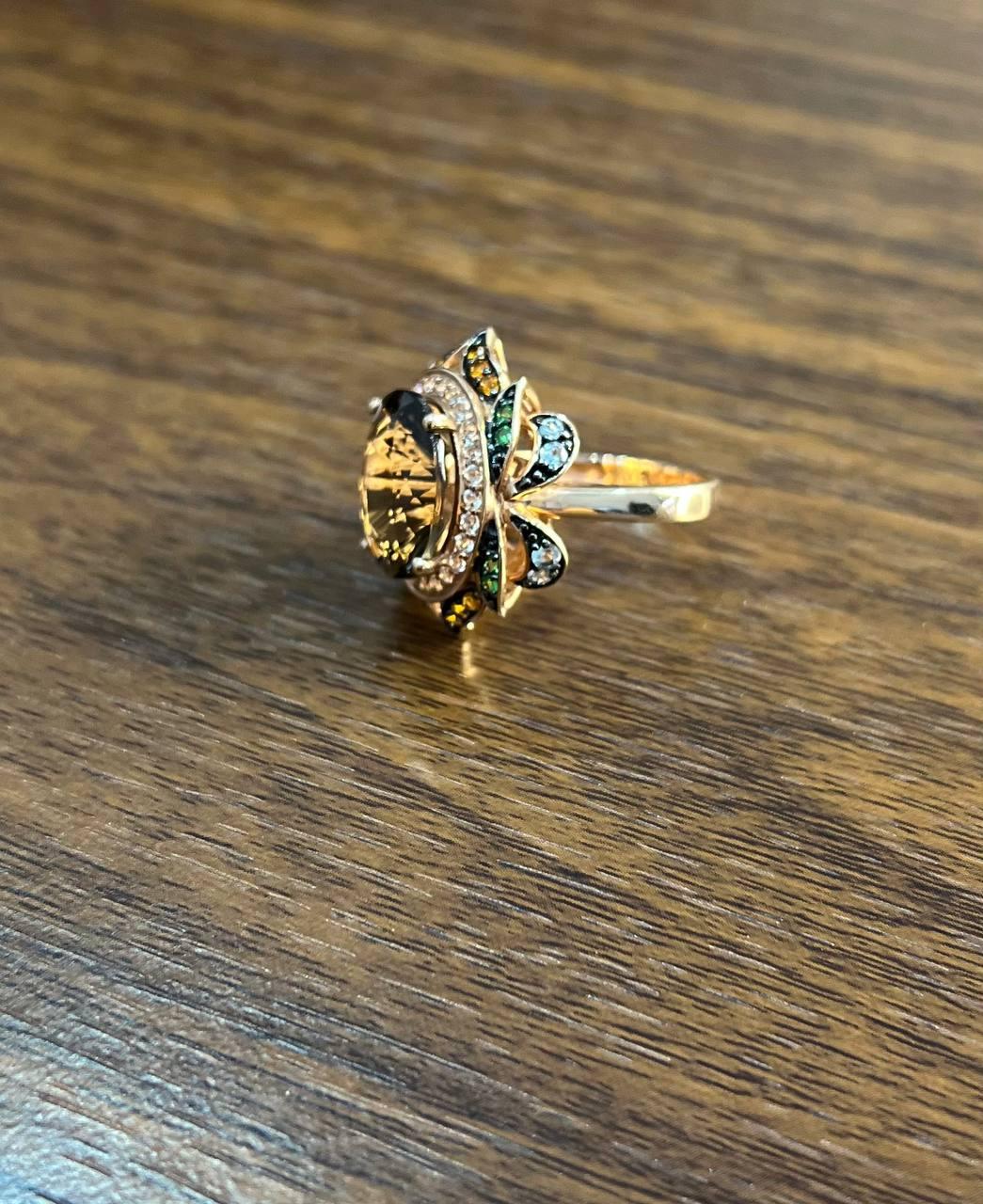 oval shape brown smoky quartz white diamond halo set gemstone floral gold ring