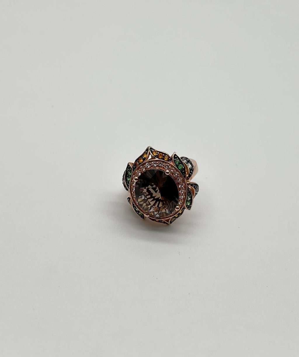 Oval Shape Brown Smoky Quartz White Diamond Halo Set Gemstone Floral Gold Ring