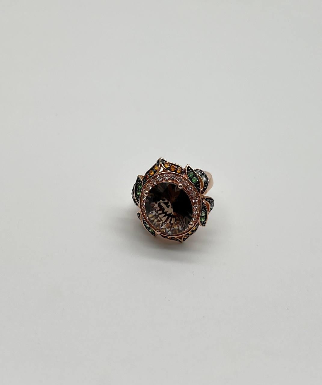 Oval Shape Brown Smoky Quartz White Diamond Halo Set Gemstone Floral Gold Ring