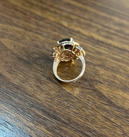 Oval Shape Brown Smoky Quartz White Diamond Halo Set Gemstone Floral Gold Ring