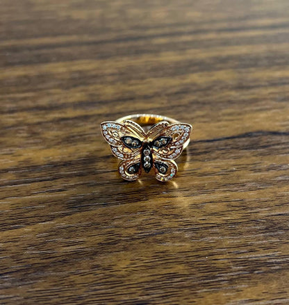 Butterfly White Champagne Brown Diamonds 14K Rose Gold Statement Fun Ring
