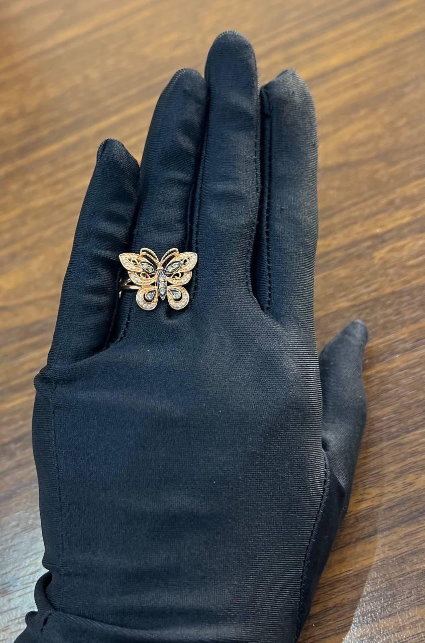 Butterfly White Champagne Brown Diamonds 14K Rose Gold Statement Fun Ring
