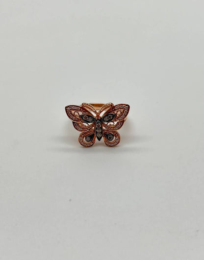 Butterfly White Champagne Brown Diamonds 14K Rose Gold Statement Fun Ring