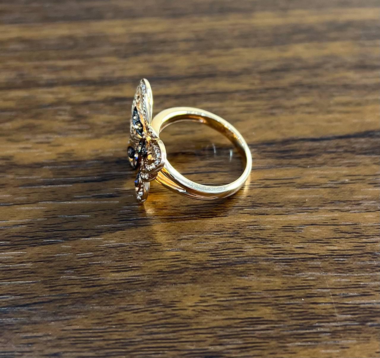 Butterfly White Champagne Brown Diamonds 14K Rose Gold Statement Fun Ring
