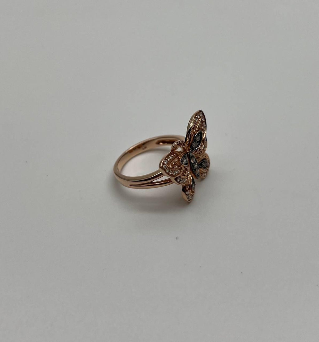 Butterfly White Champagne Brown Diamonds 14K Rose Gold Statement Fun Ring