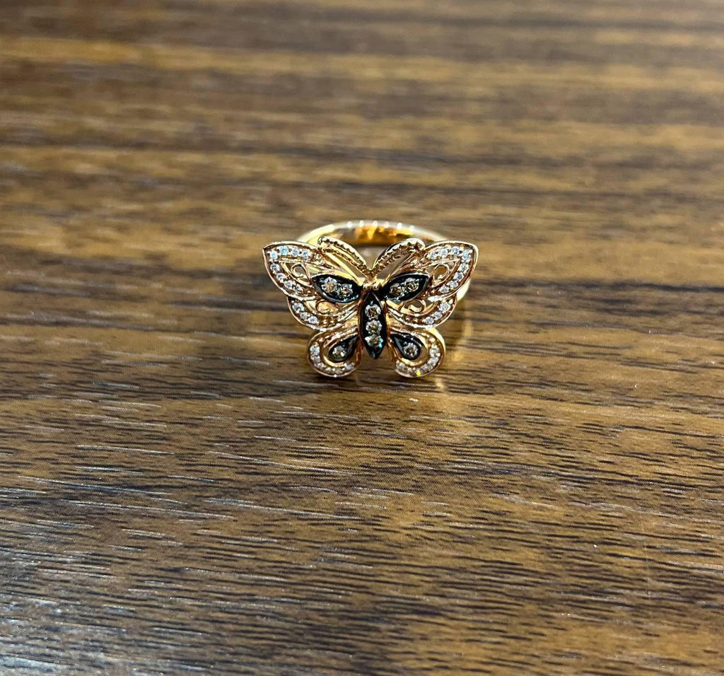 Butterfly White Champagne Brown Diamonds 14K Rose Gold Statement Fun Ring