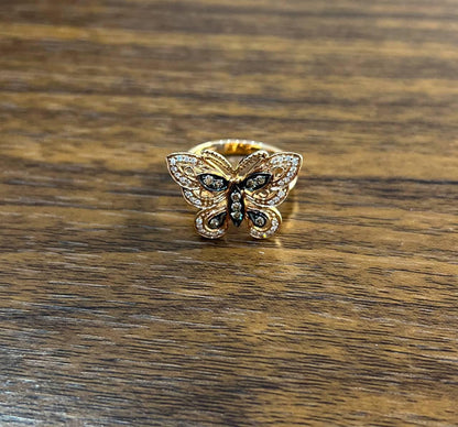 Butterfly White Champagne Brown Diamonds 14K Rose Gold Statement Fun Ring