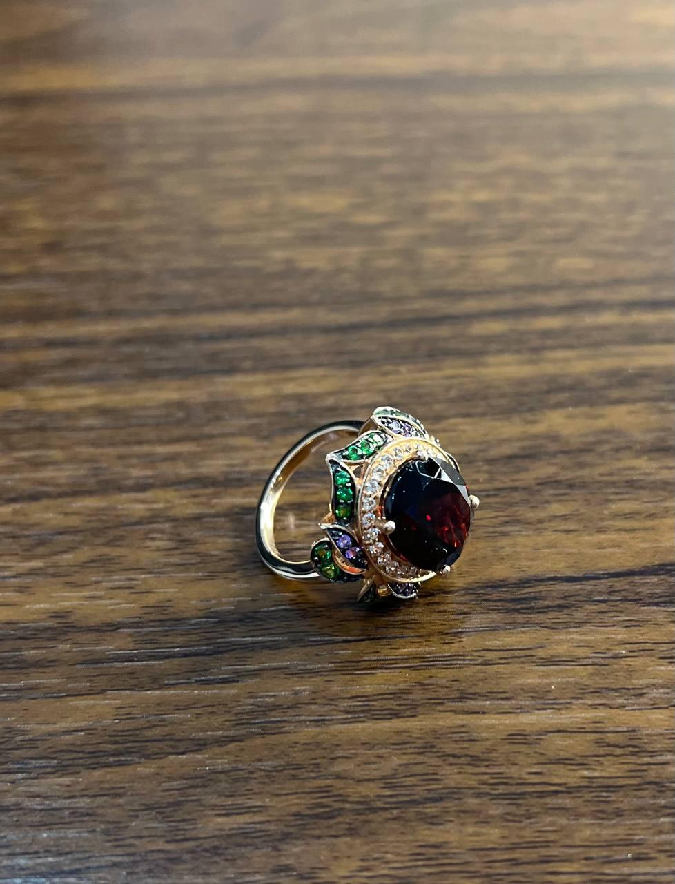 Oval Shape Red Garnet White Diamond Halo Set Gemstones Floral 14K Rose Gold Ring