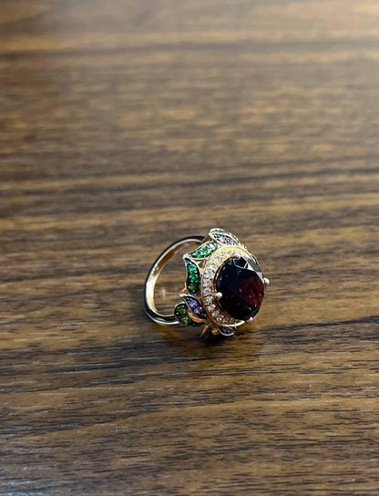 Oval Shape Red Garnet White Diamond Halo Set Gemstones Floral 14K Rose Gold Ring