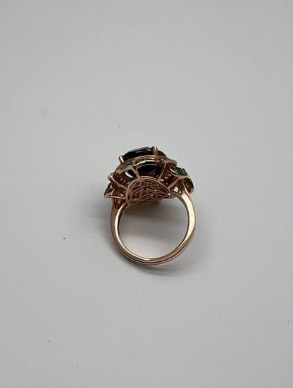 Oval Shape Red Garnet White Diamond Halo Set Gemstones Floral 14K Rose Gold Ring