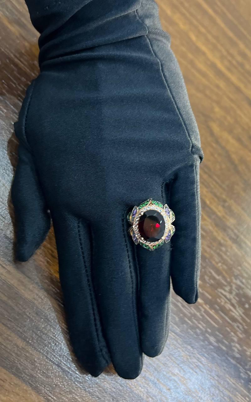 Oval Shape Red Garnet White Diamond Halo Set Gemstones Floral 14K Rose Gold Ring