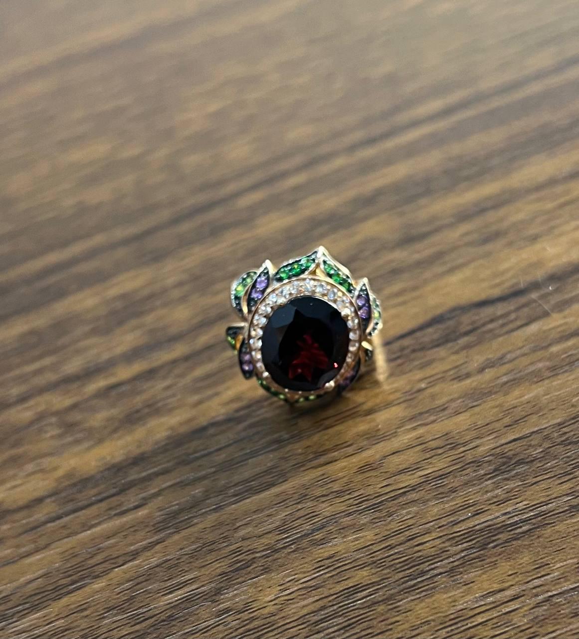 oval shape red garnet white diamond halo set gemstones floral 14k rose gold ring