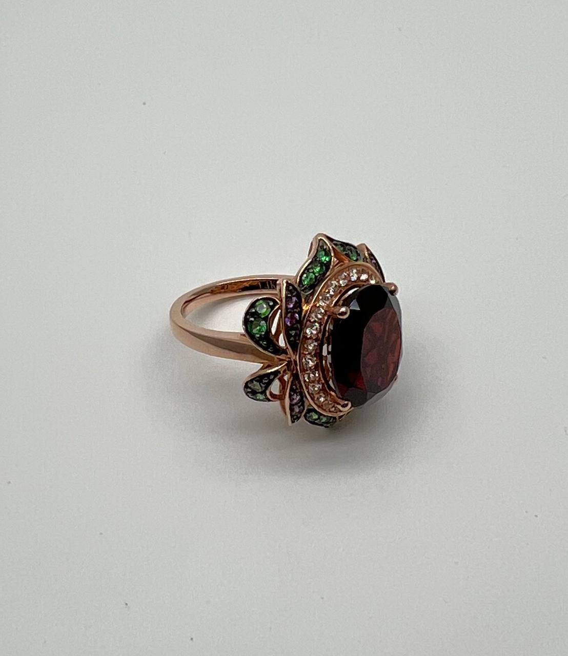 oval shape red garnet white diamond halo set gemstones floral 14k rose gold ring